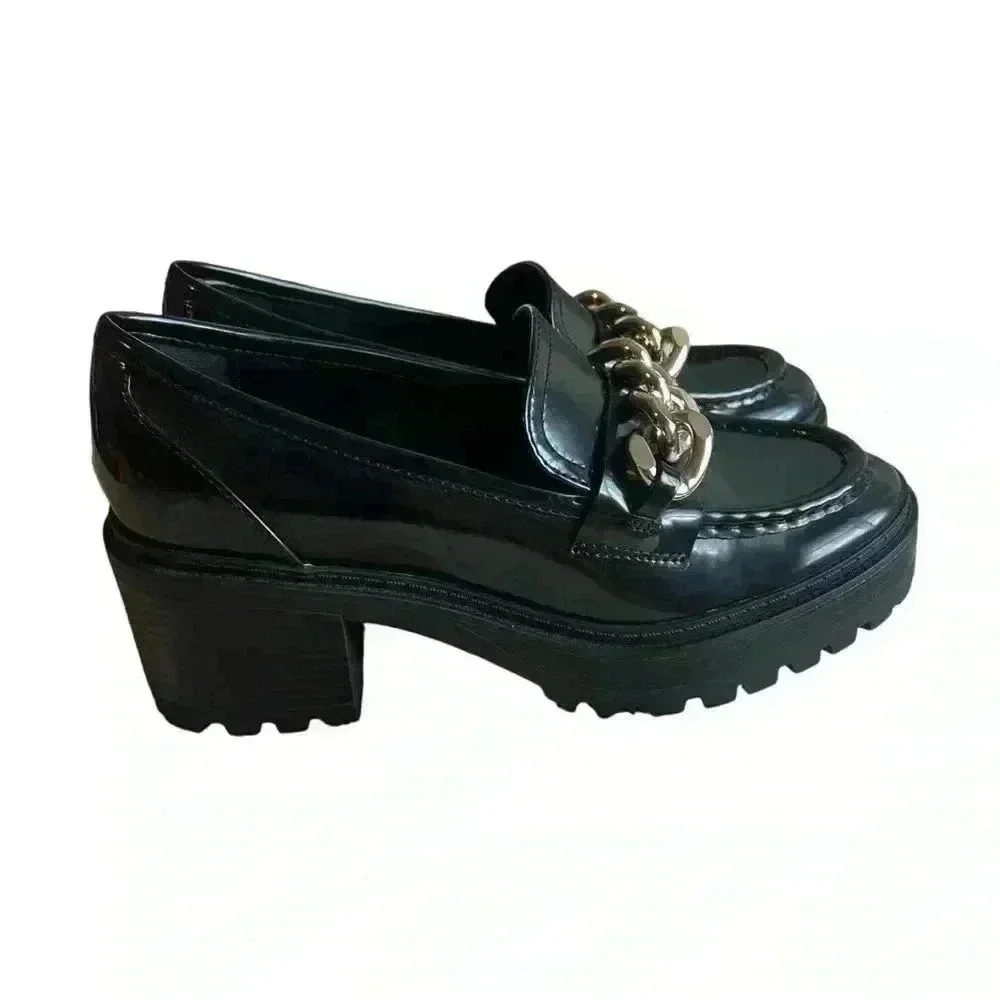 Guess Black Loafers with Gold Chain Detail